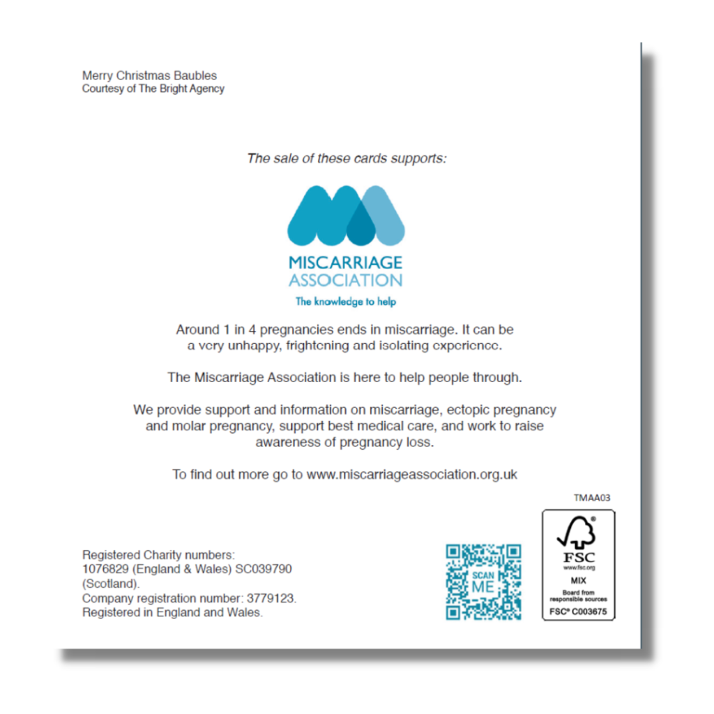 Back of the Baubles Christmas card showing details of the Miscarriage Association and its work