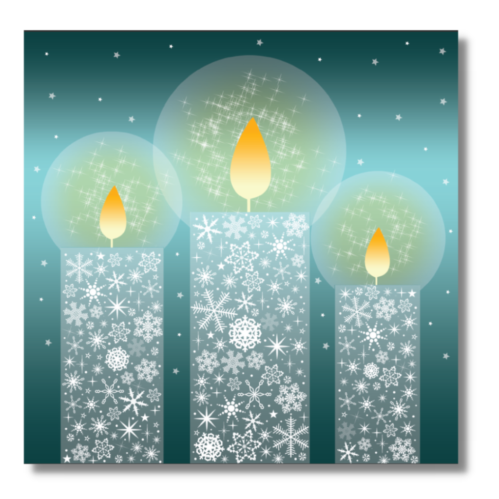 Christmas card with 3 sparkly candles on the front