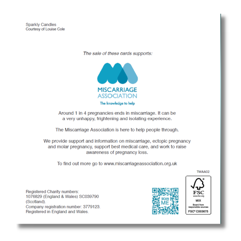 Back of the Sparkly Candles card showing details about the Miscarriage Association and its work