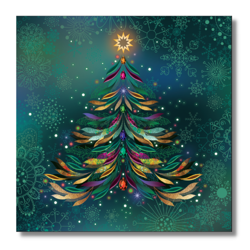 A Christmas card with a festive green tree design