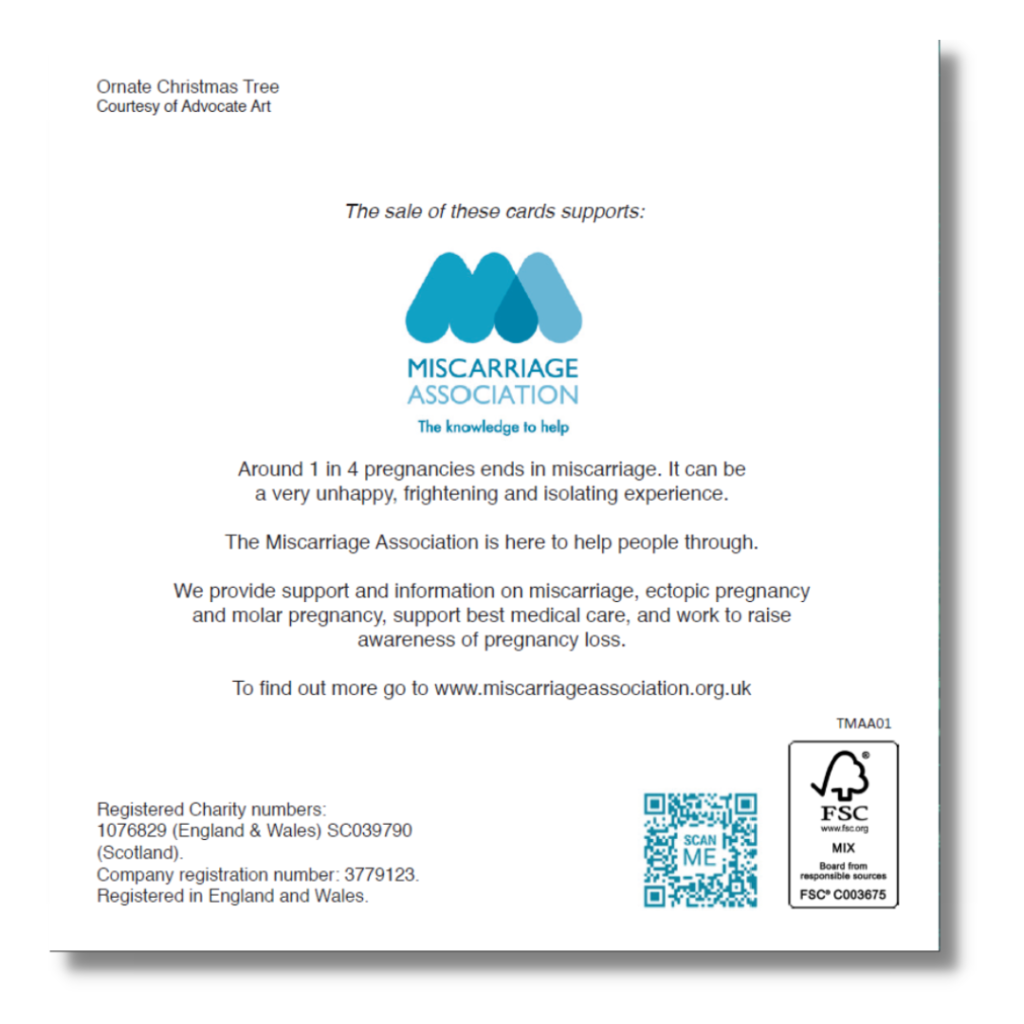 Back of the Christmas tree card showing details of the Miscarriage Association and its work